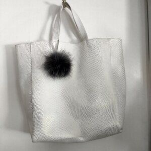 NEW LARGE WHITE  FAUX LEATHER TOTE, FAUX FUR POMPOM